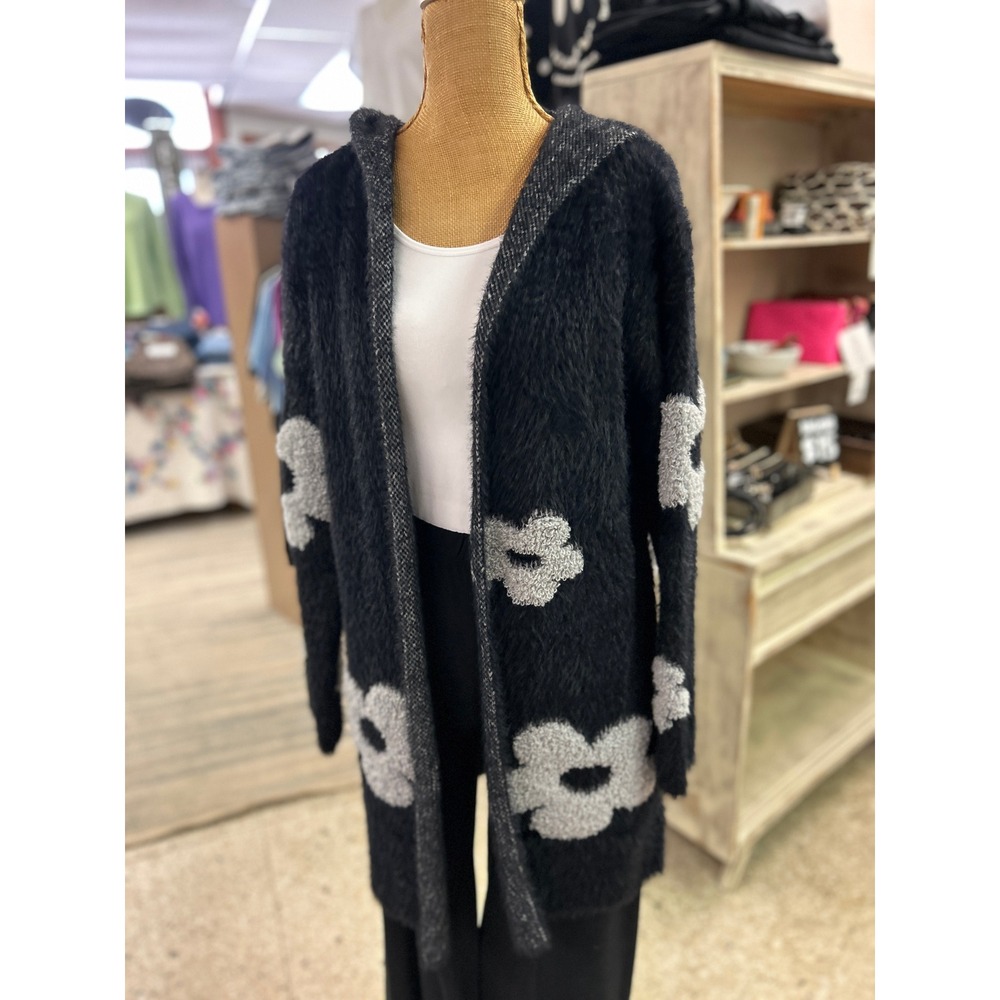 Creation Fuzzy Floral Hooded Cardigan Black Grey Eyelash Knit Sweater